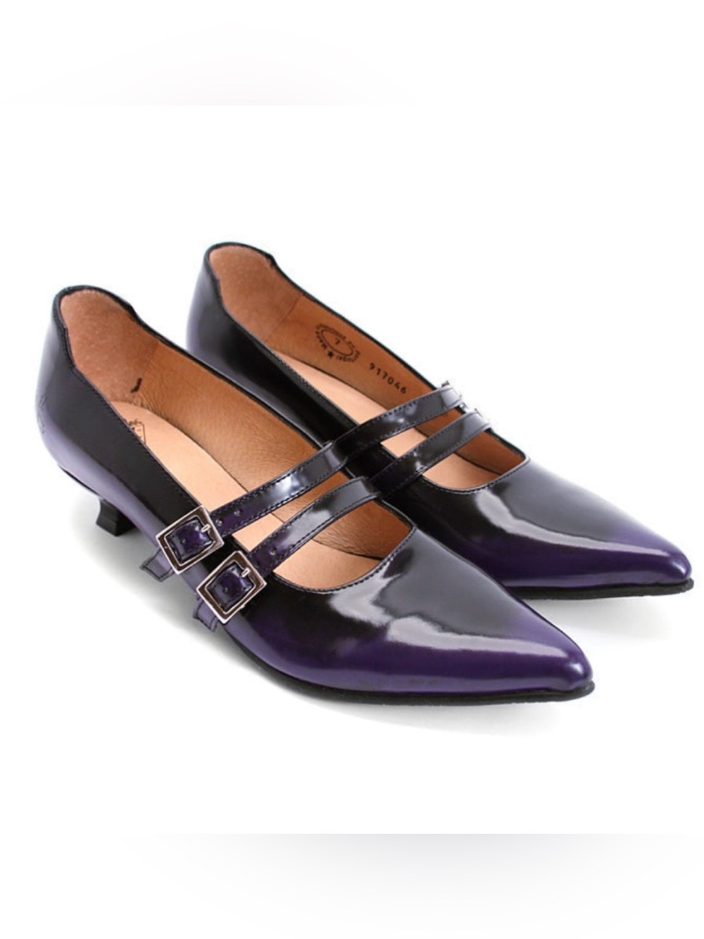John Fluevog Tanya Two-Strap Pointed Mary Jane Pumps in Purple and Black